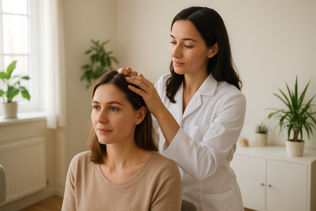 Femme en consultation capillaire pour une alopécie androgénétique féminine