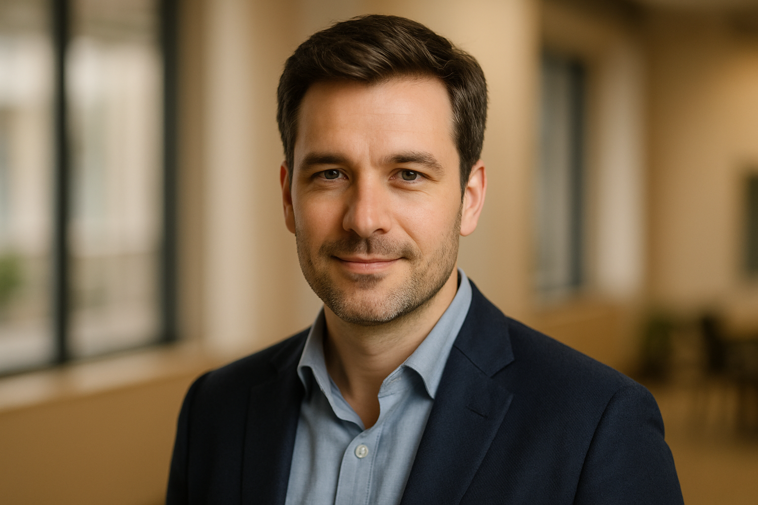Homme arborant un complément capillaire discret et naturel en environnement professionnel