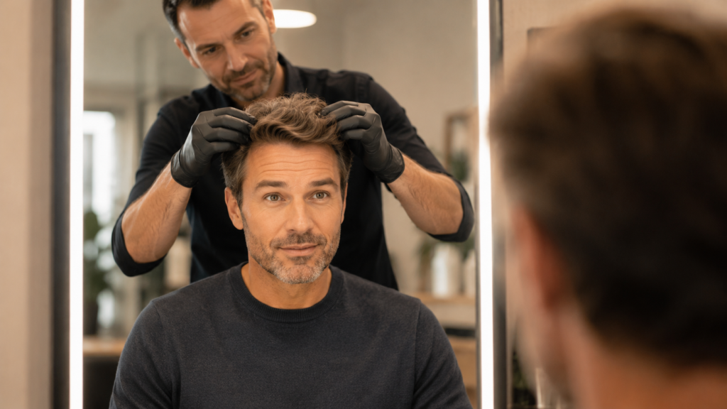 Pose d'une perruque masculine par un spécialiste dans un salon capillaire