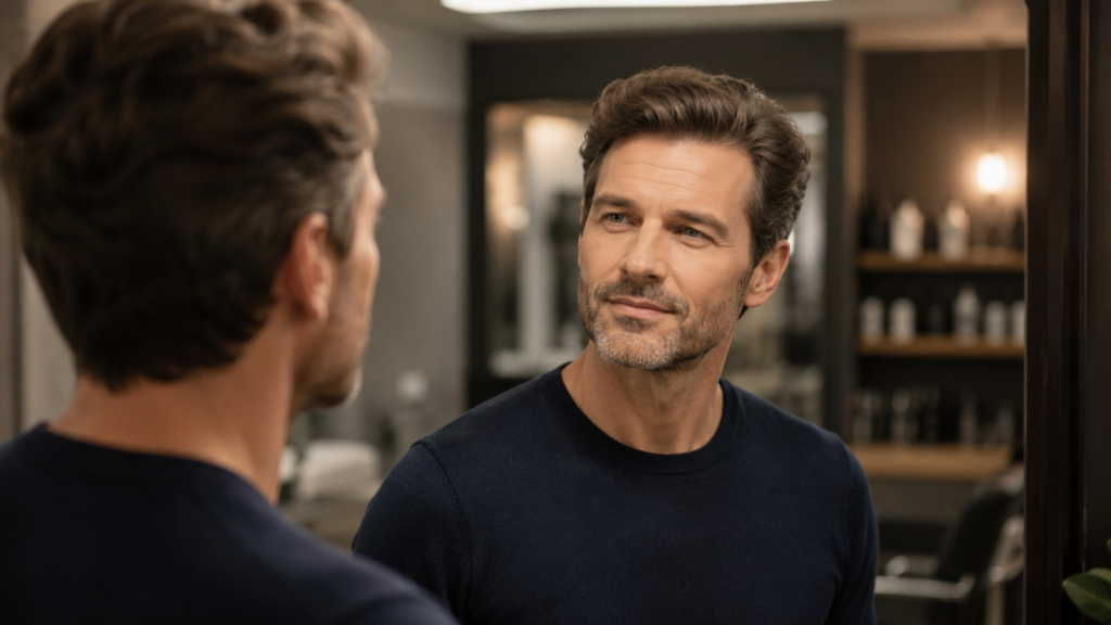Homme découvrant le résultat naturel de sa prothèse capillaire devant un miroir
