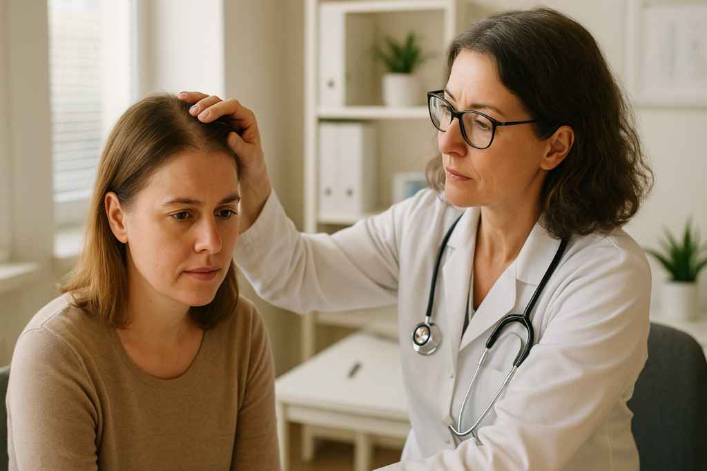 Femme consultant un médecin pour une perte de cheveux liée à une maladie